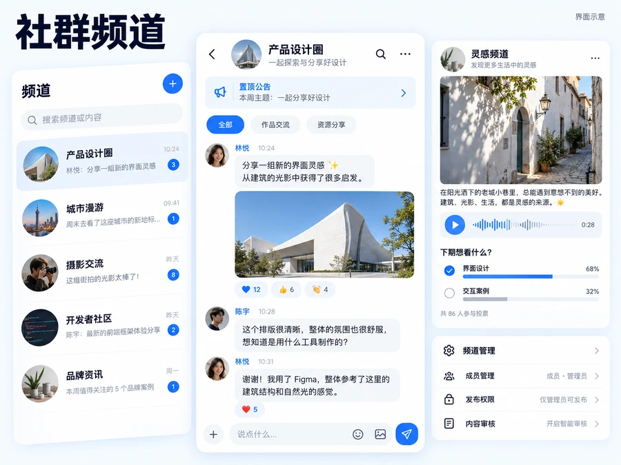 社群与频道 IM产品界面设计示例,非客户案例
