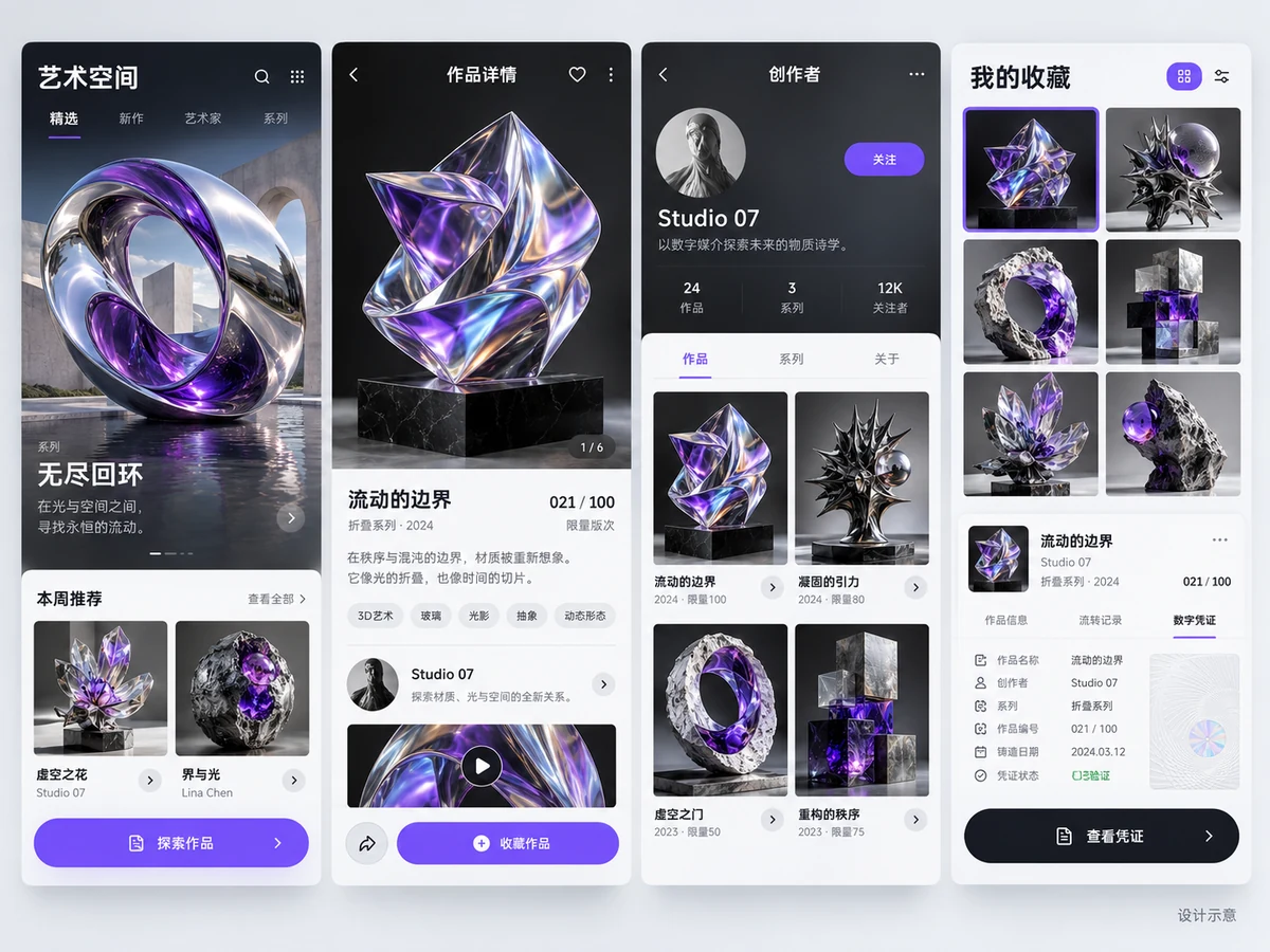 数字艺术空间:作品发现 / 艺术家 / 收藏管理,产品界面设计示例