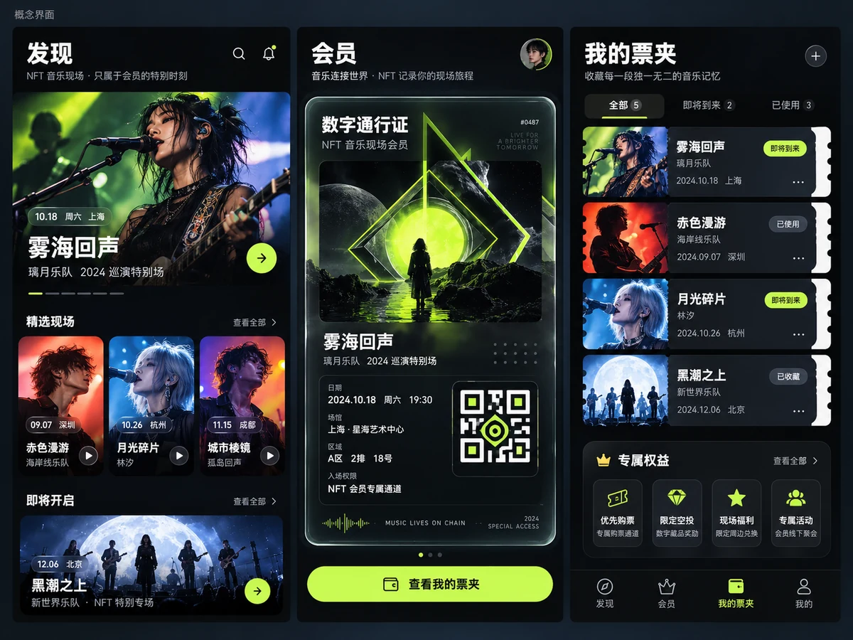 会员与数字通行证:会员权益 / 活动门票 / 核验入口,产品界面设计示例