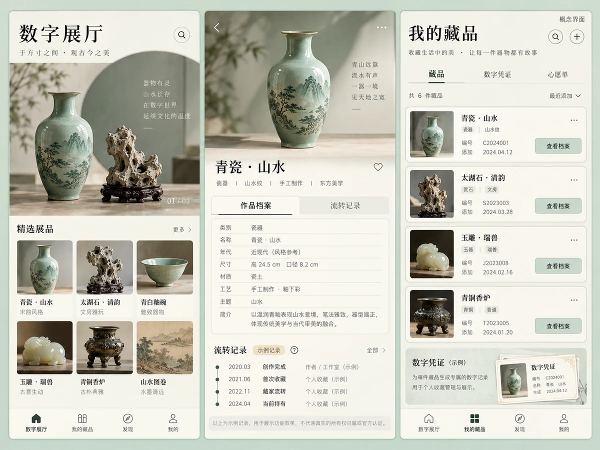 收藏与溯源凭证:藏品档案 / 凭证展示 / 流转记录,产品界面设计示例
